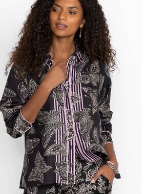 Johnny Was Silk Black Button-Down Blouse with Lavender & Cream Butterfly Print